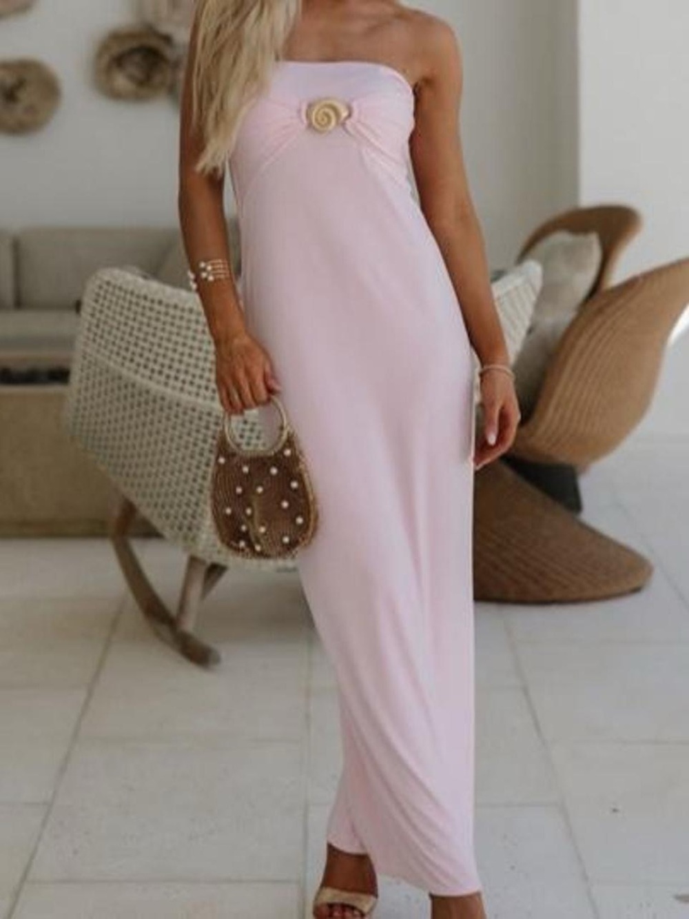 These Three Boutique Strapless Pink Maxi Dress with Twist Detail